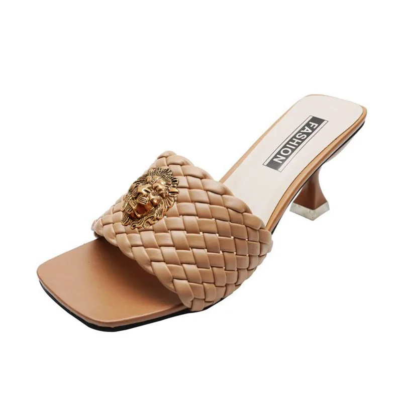 

Ladies High Heel Shoes - New Style Fashionable Cross-Straps Denim Fabric Square-Toe Women's High Heel Flip Flops