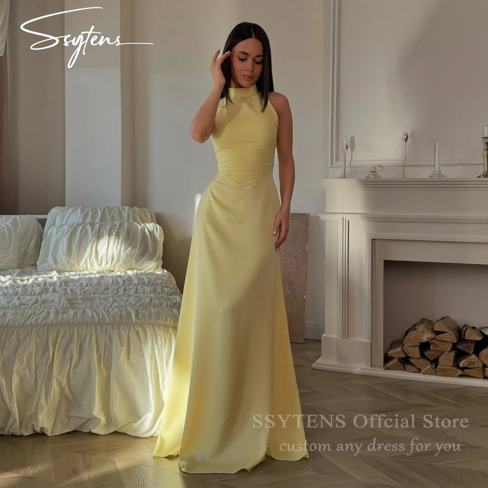 

SSYTENS Yellow Halter Neck Prom Dresses Sleveeless Birthday Party Gowns vestidos de noche Elegant Evening Dresses Customized
