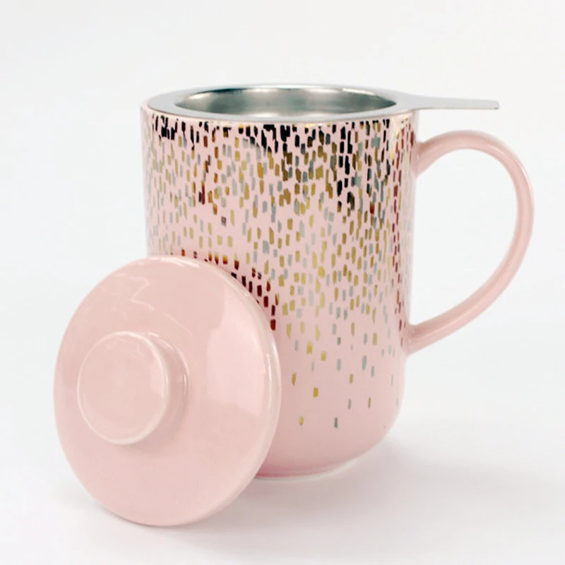 Fancy Pink & Golden Ceramic Tea Mug With Filter And Lid & Handle