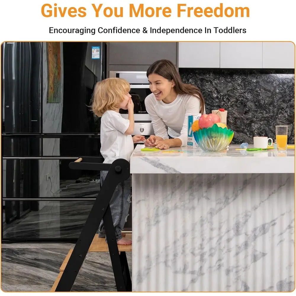 Escabeau pliant à hauteur réglable pour les tout-petits – Aide de cuisine avec filet de sécurité, âgés de 18 mois à 6 ans, naturel et charbon