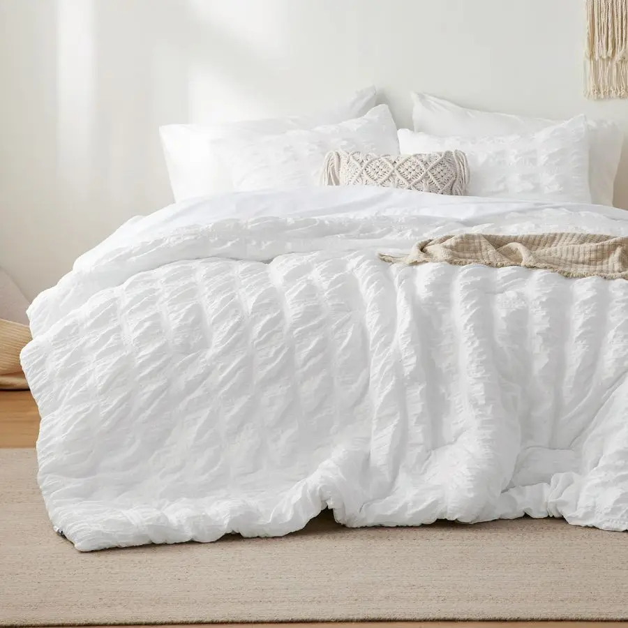 

Кровать в сумке Полный 7-комплект постельного белья из хлопчатобумажной ткани в клетку, мягкий легкий белый комплект постельного белья в стиле бохо с одеялами полного размера