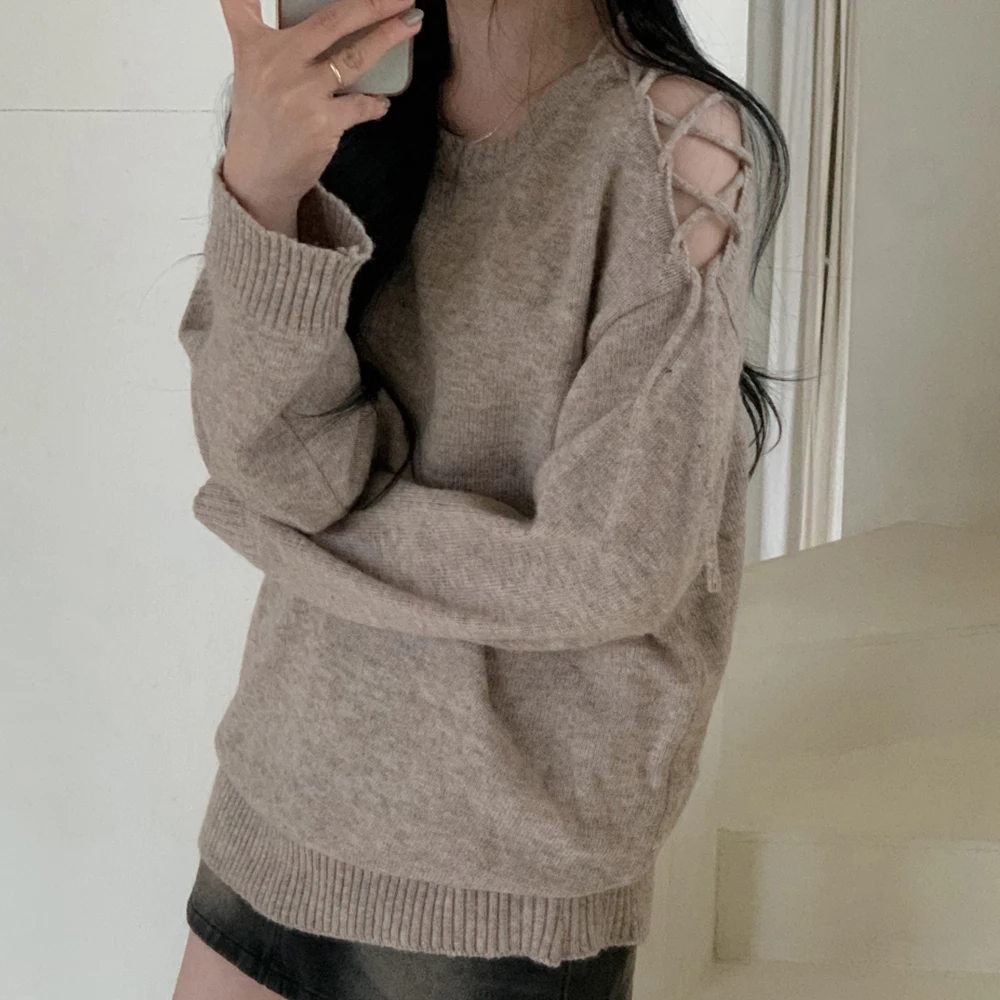 

Spring Thin Overhead Knitted Dress Korean Style Pure Color Midi Length Belted Knot Shoulder Bared Long Sleeve Knitwear