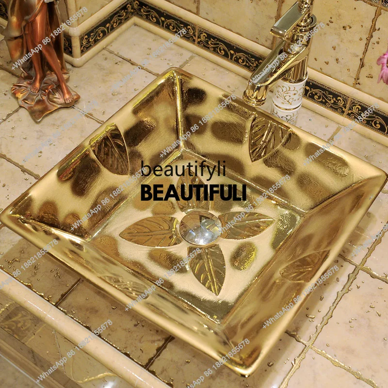 European-style golden counter basin square ceramic wash basin hotel gold-plated washbasin bathroom art washbasin