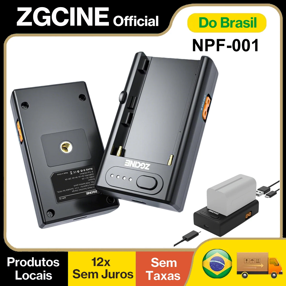 【Do Brasil】Adaptador Carregador de Bateria ZGCINE NPF-001 Carregamento Rápido USB-C PD Saída D-Tap USB-A para Bateria Sony NP-F550 F750 F970 compatível com Câmera Luz de Vídeo LED Monitor