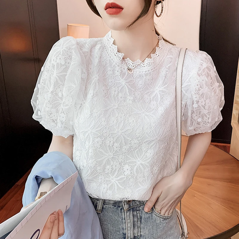 Vintage Embroidery Mesh Lace Blouse Women Short Sleeve White Shirt Tops Lady Elegant Slim Summe Female Shirts Blusa Mujer 22337