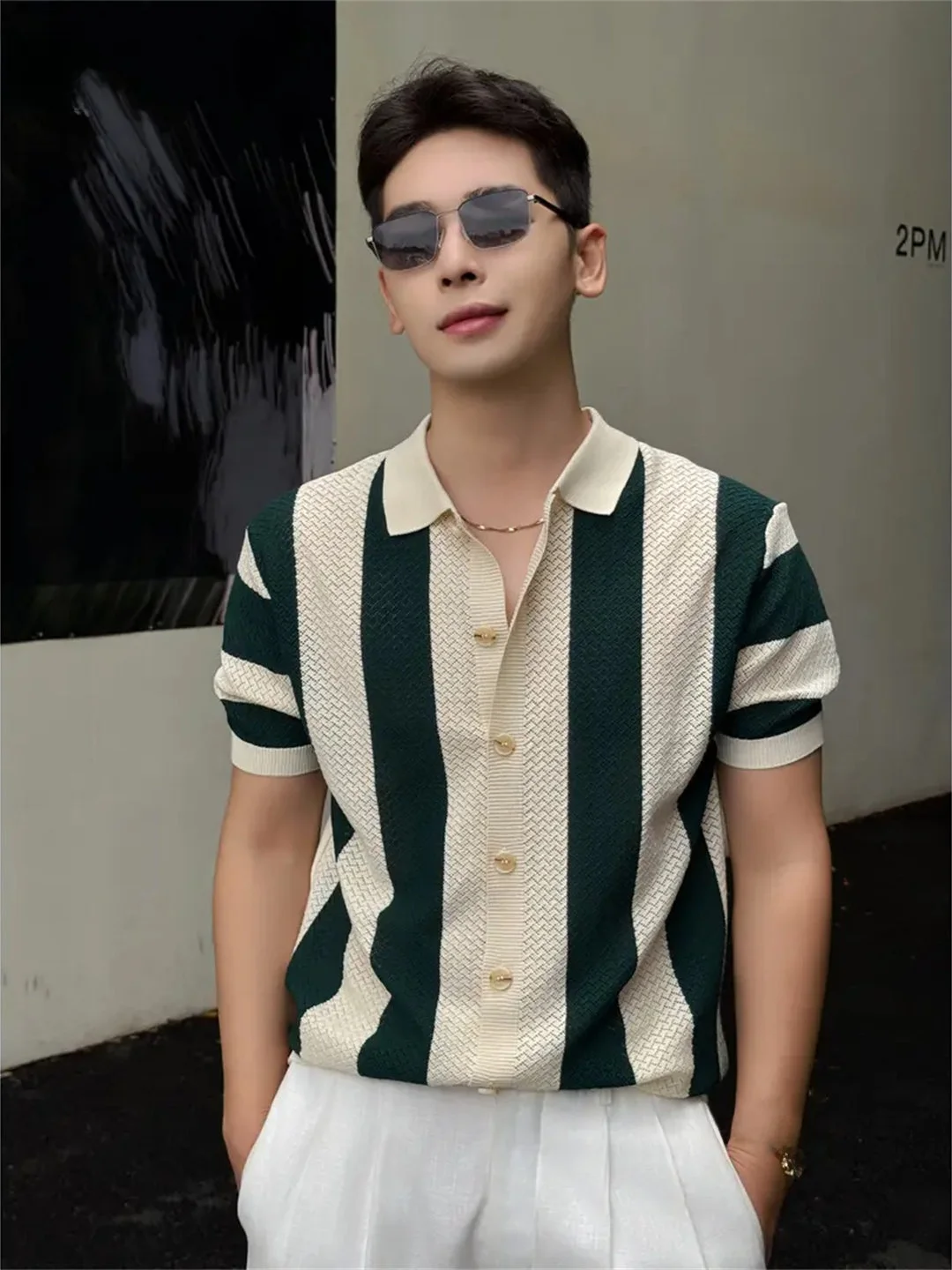 Contrast Texture Knitted Short Sleeve Men's T-Shirt Striped Half Sleeve Summer High End Feeling Cardigan Style American Fashion
