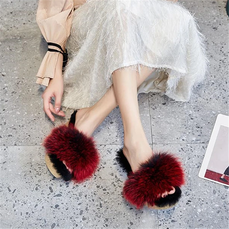 Fashion Red Fox Fur Women Platform Pumps Thick Sole Wedge Slippers Winter Warm Plush Mules 11CM High Heels Peep Toe Slides