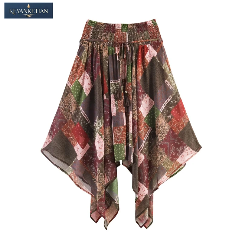 

KEYANKETIAN 2026 Ethnic style Grunge Patchwork Skirt Flowy Elastic Waist, Handkerchief Hem Sheer Chiffon Fabric Mini Skirt