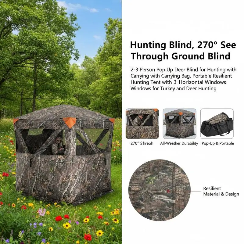 Transparent Ground Shelter 58"x58"x66" For Deer Hunting Turkey Hunting Archery, 270 Degree One-Way Vision 3 Horizontal Windows Pop Up Structure Carrying Bag Portable Mesh Design 2-3 Person Capacity Resilience Fabric Outdoor Observation Hidden Tent view 3