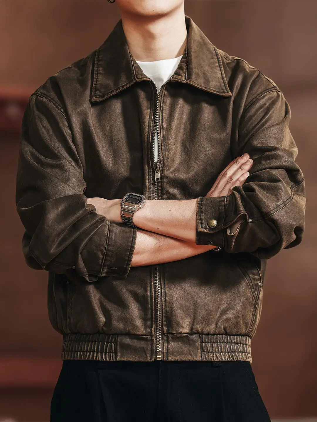 

Retro American Sle ort Jaet Men's Loose Casual Outerwear BaAn Oil Wax Leather Vintage Look Youthful Energy Sle