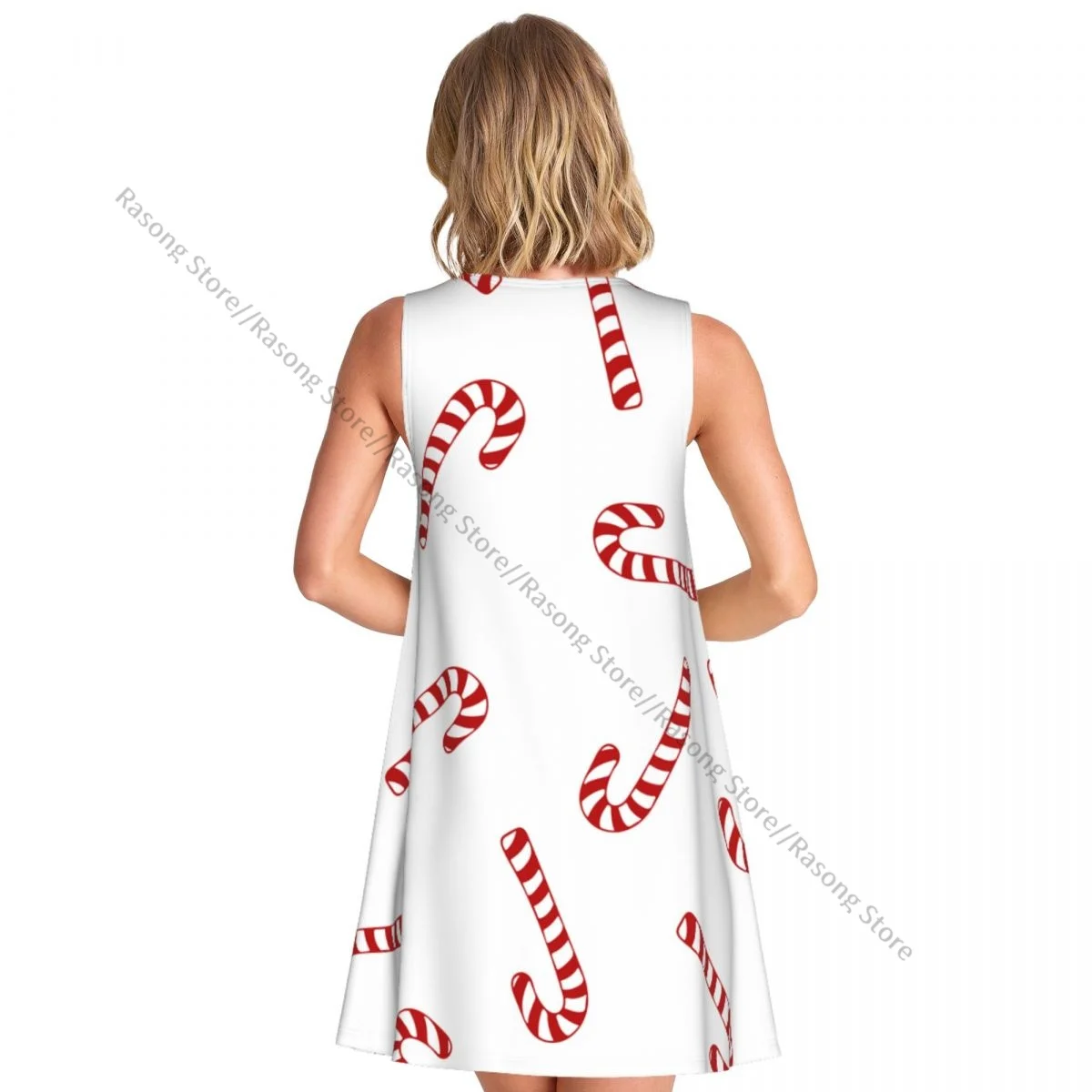 Women's Dress Christmas Pattern With Candy Cane Summer Casual T Shirt Beach Cover up Tank Dress