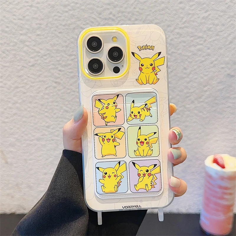 Japan Anime Cute Pokemon Pikachu Wallet Card Bag Bracelete Lanyard Phone Case per iPhone 11 12 13 14 15 Pro Max Anti-caduta Cover