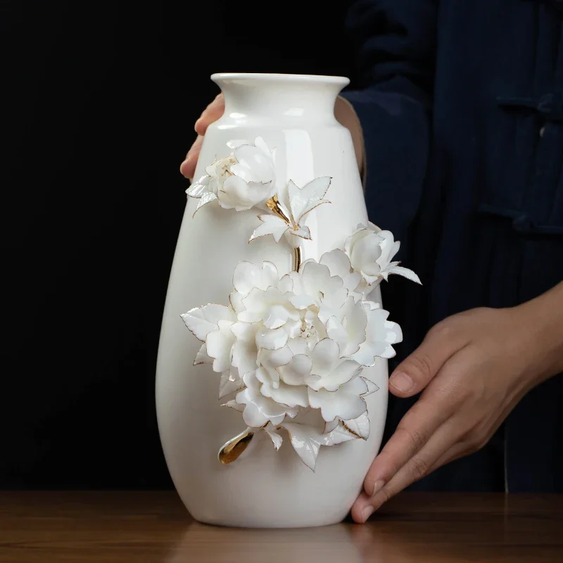 Handgefertigte Keramikvase mit Pfingstrosenmotiv aus Porzellan für Wohnzimmer und Arbeitszimmer, Hochwertige Atmosphärische Vase für Blumenarrangements, Luxuriöse Dekoration