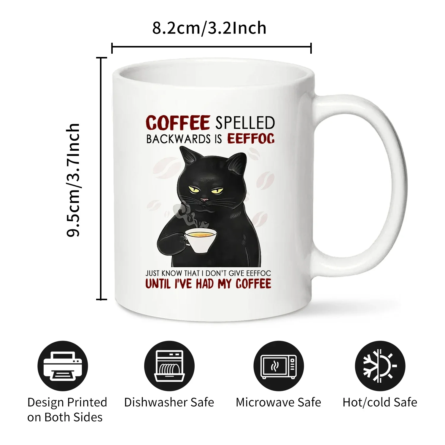 1pc, Portable Ceramic Coffee Cup - Black Cat Design with Effoc Spelled Backwards - 320ML Travel Mug for On-the-Go Coffee Lovers