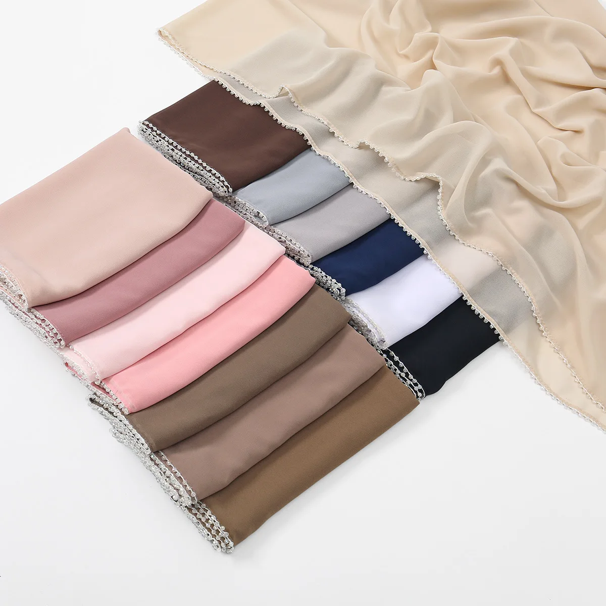 New white beaded chiffon long towel women's versatile breathable sunscreen fashion gauze Malay headscarf