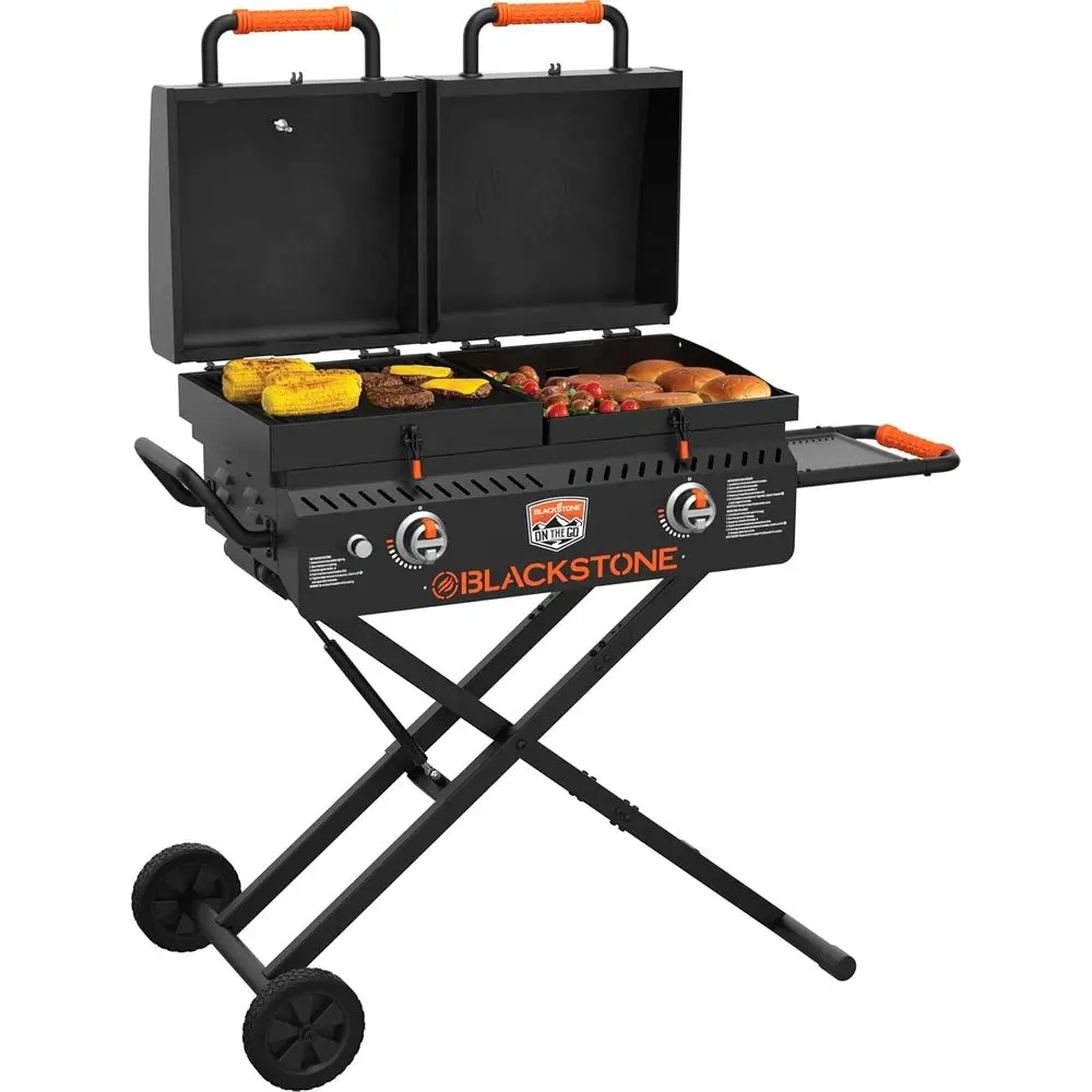 

On The Go Taiator Grill Griddle Combo with Wheels, Legs Hood & Side Shel - Heavy Duty lat Top Portable BBQ Griddle Grill Station