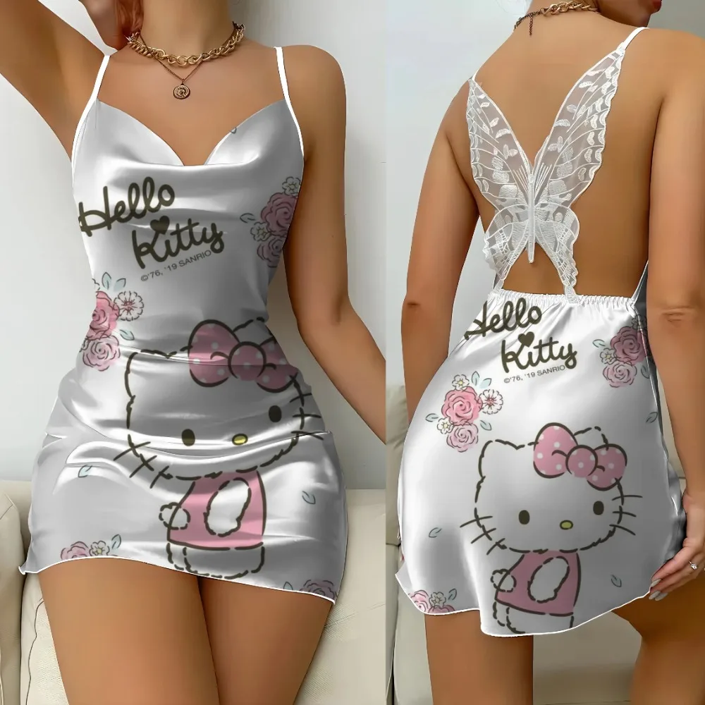 Kurze Kleider mit Satinoberfläche, Hello Kitty, Schleife, Knoten, Heimkleid, Pyjama, modisch, bequemer Rock, Damenmode, Sommer 2025,