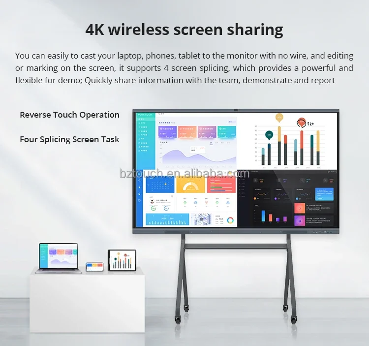 55 65 นิ้ว 4K มัลติมีเดีย All In One Pc Touch Screen โทรศัพท์มือถือสมาร์ทบอร์ด 75 85 นิ้วไวท์บอร์ดแบบโต้ตอบ