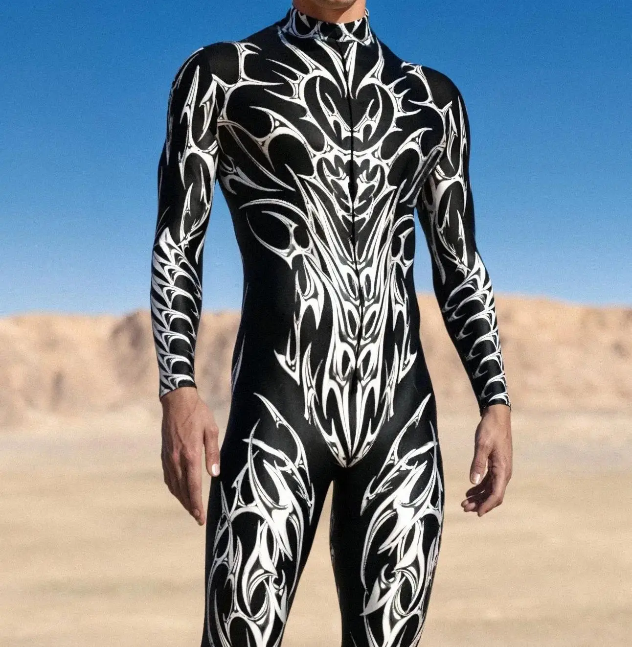 Men Cyber Punk Armor Jumpsuit Gothic Alien Skull Bodysuit Halloween Holiday Party Cosplay Costume Performance Romper Zentai Suit