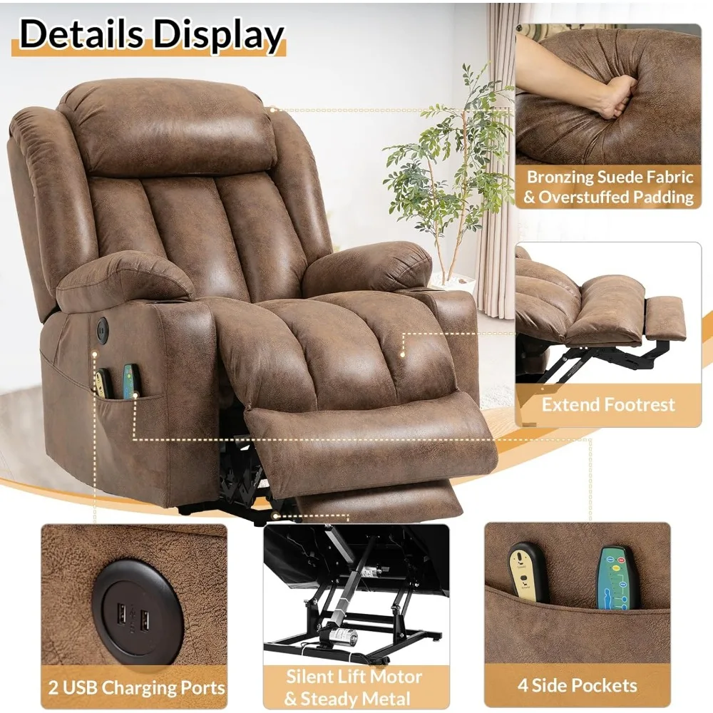 Silla reclinable grande con elevación eléctrica y reposapiés extendido para personas mayores, sofá reclinable grande, Extra grande y ancho para sala de estar