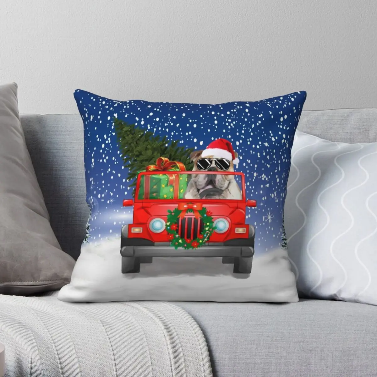 

Bulldog Driving Christmas Car Pillowcase Polyester Linen Velvet Printed Zip Decor Home Cushion Cover