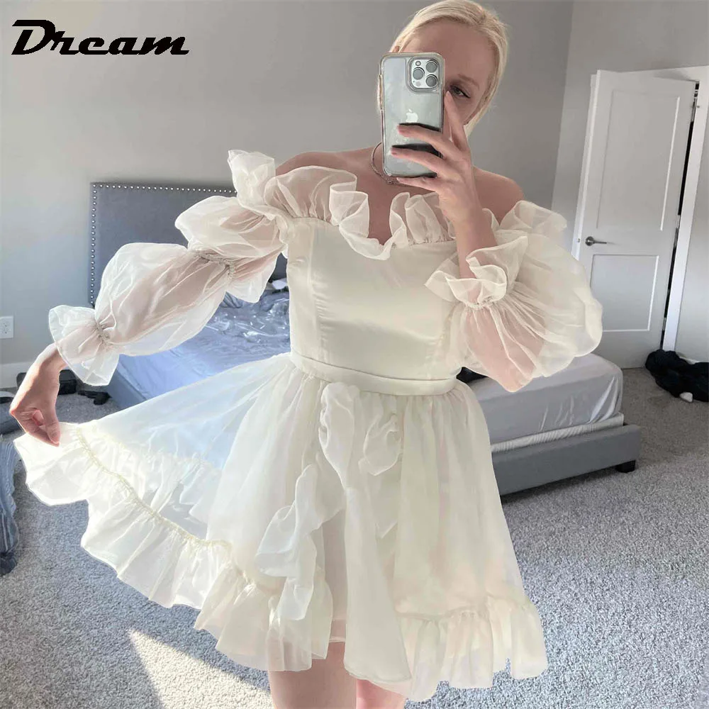 DREAM Customized Long Puff Sleeves Off Shoulder Short Wedding Gown Mini Length Organza Ruffles A Line Bridal Dress Above Length