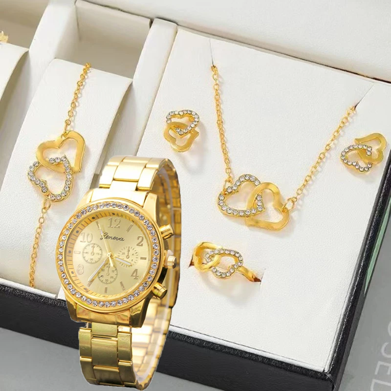 New 6PCS Set Rose Gold Luxury Watch Women Ring Necklace Earring Rhinestone Fashion Wristwatch Casual Ladies Bracelet Watches