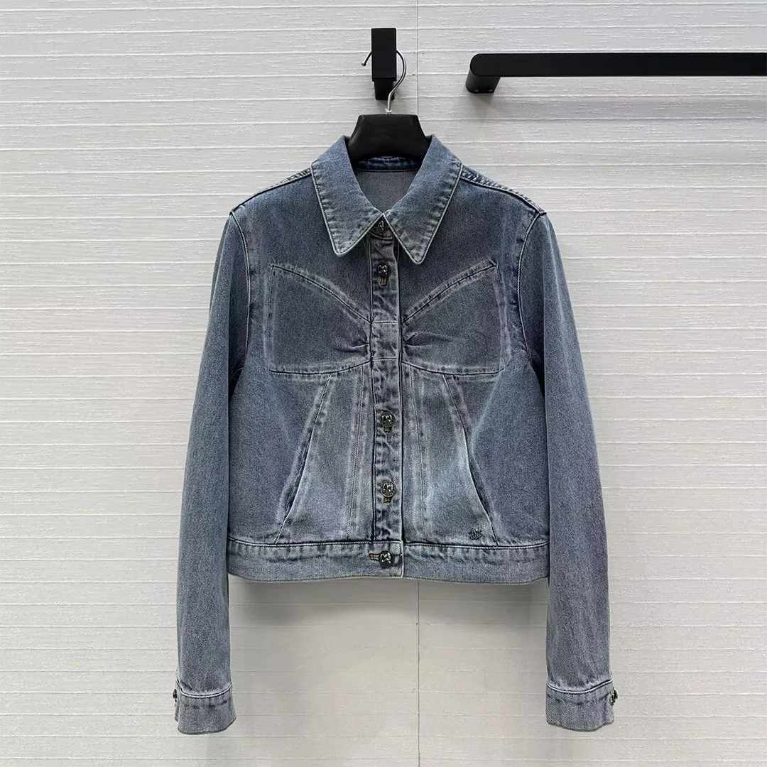 New Autumn Vintage Washed Denim Jacket with Big Bow Design Lapel Long Sleeve Single Breasted Streetwear Loose Short Design Coat