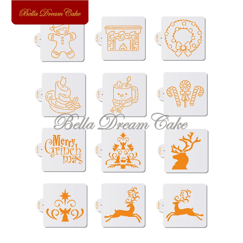 1pc Christmas Wreath/Deer Cookies Stencil DIY Fondant Biscuit Mold PET Chocolate Coffee Template Cake Decorating Tools Bakeware