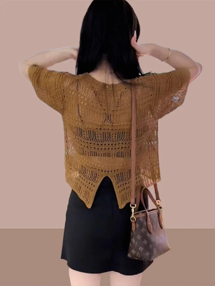 Summer 2026 Women's Loose Knitted Ice Silk Hollow out Back Split Design Casual Style Short Top Fashionable Open Workwear