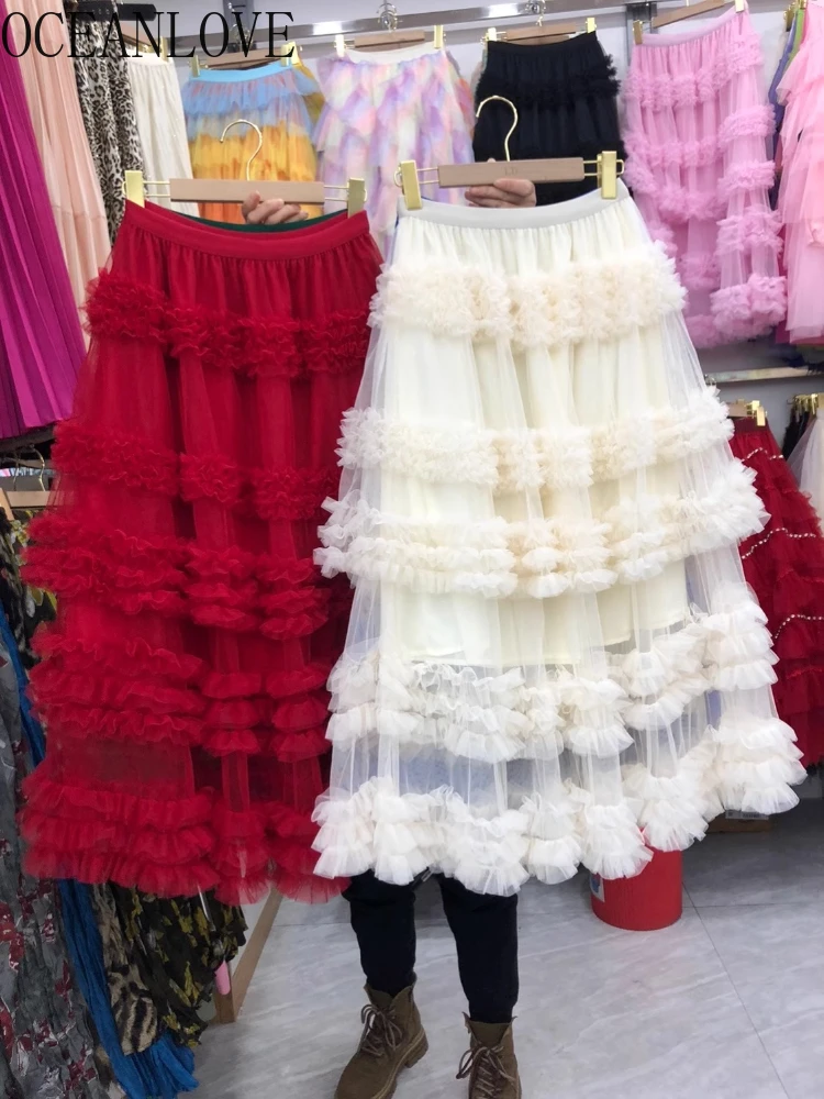 

OCEANLOVE Cascading Ruffles Women Skirts Solid Mesh Vintage Spring Autumn Faldas Mujer Korean Fashion Elegant Long Skirt