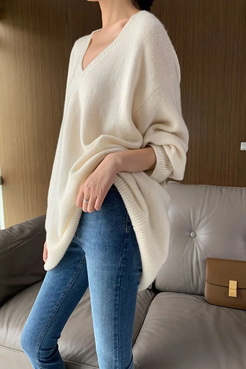 Cashmere sweater women\'s medium length Pullover V-neck loose thickened sweater 22 autumn winter new