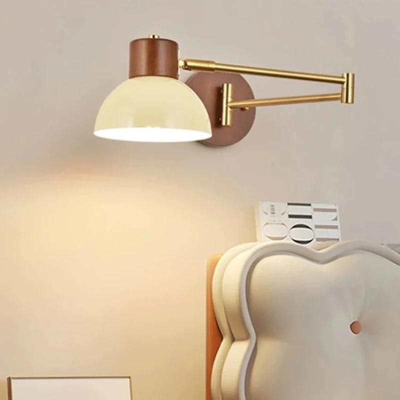 Reversible Angle Retro Walnut Color Solid Wood Wall Light Bedroom Dining Room Universal Swing Wall Light E27 Reading Work Light