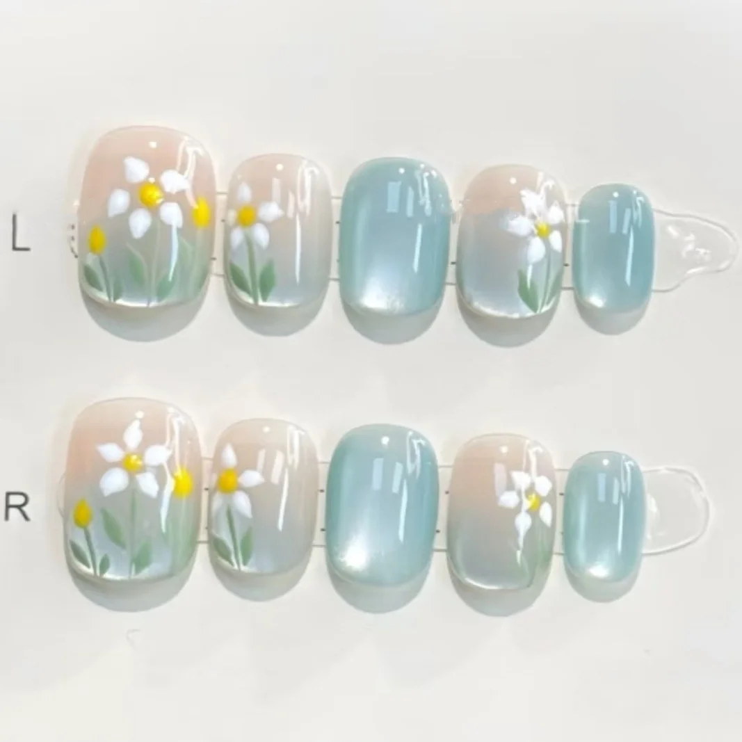 

10pcs Handmade Glossy Press on Nails - Short Ballet Shape Green Cat's Eye Floral Design, Reusable Fake Nails for Women and Girls