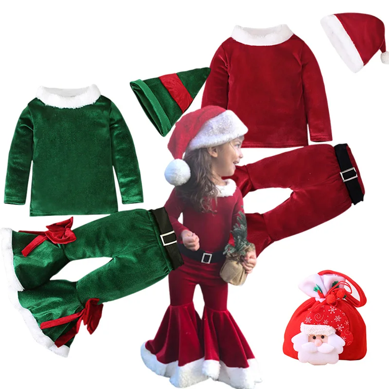 Girls Christmas Santa Claus New Years Clothes Toddler Long Sleeve Velvet Top Flare Pants Hat Xmas Elf Santa Suit Party Outfits