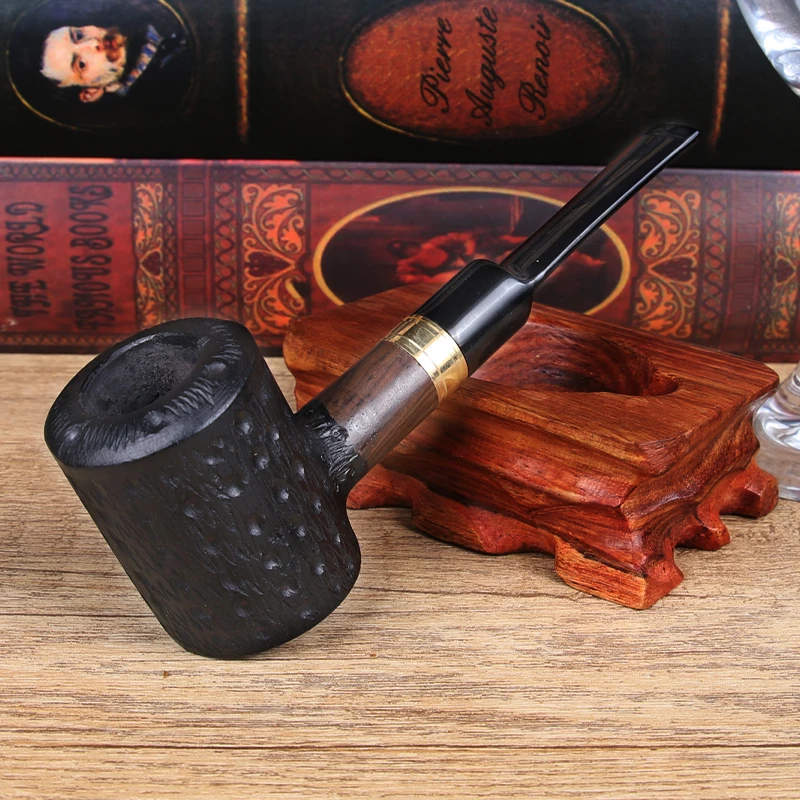 Ebony Wood Carved Straight Tobacco Pipe,Smooth Smoking Pipes,Wooden Tube with Decorative Ringh Gift for Smoker Fathers, 9mm, New