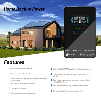 Inwerter Solarny Hybrydowy SUMRY 4000W 24V Zewnętrzny, Czysta Sinusoida, Wbudowany Ładowarka Solarna MPPT 140A, Ochrona Przed Przeciążeniem, Działa Bez Baterii