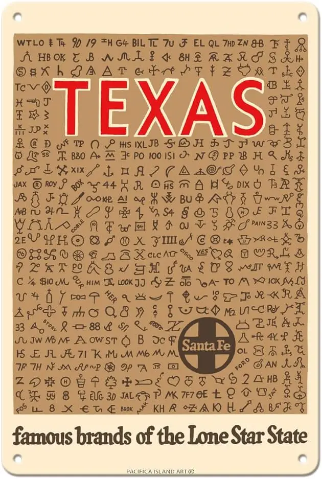 Pacifica Island Art Texas - Famous Cattle Brands of the Lone Star State - Santa Fe Railroad - Vintage Railroad Travel Poster c.1