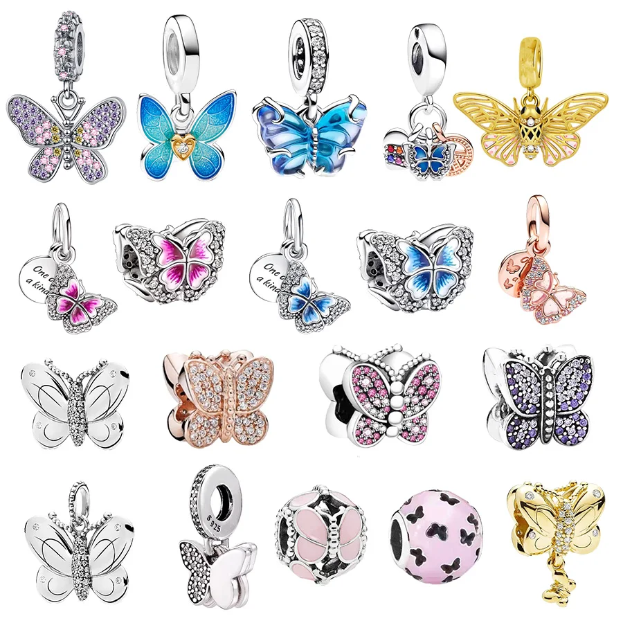 NEW Two-Tone Rainbow Heart & Murano Glass Butterfly Dangle Charm Beads Fit Original 925 Sterling Silver Pandora Bracelet Jewelry