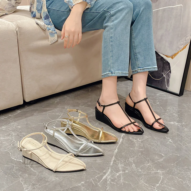 Gold Sandals Fashion Womens Shoes 2024 Clogs Wedge Ankle Strap Suit Female Beige Clear Heels Luxury Platform Black Comfort New S