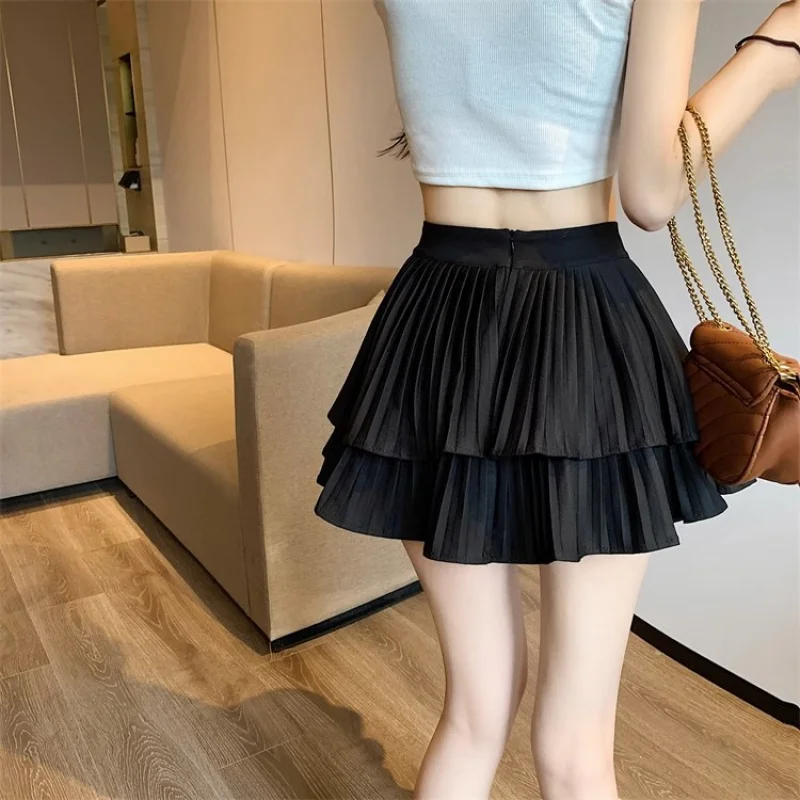 Women Ruffled Pleated A-Line Mini Skirt Summer Tulle Cake High Waist Slim Skirt Shorts Female Sexy Korean Kawaii White