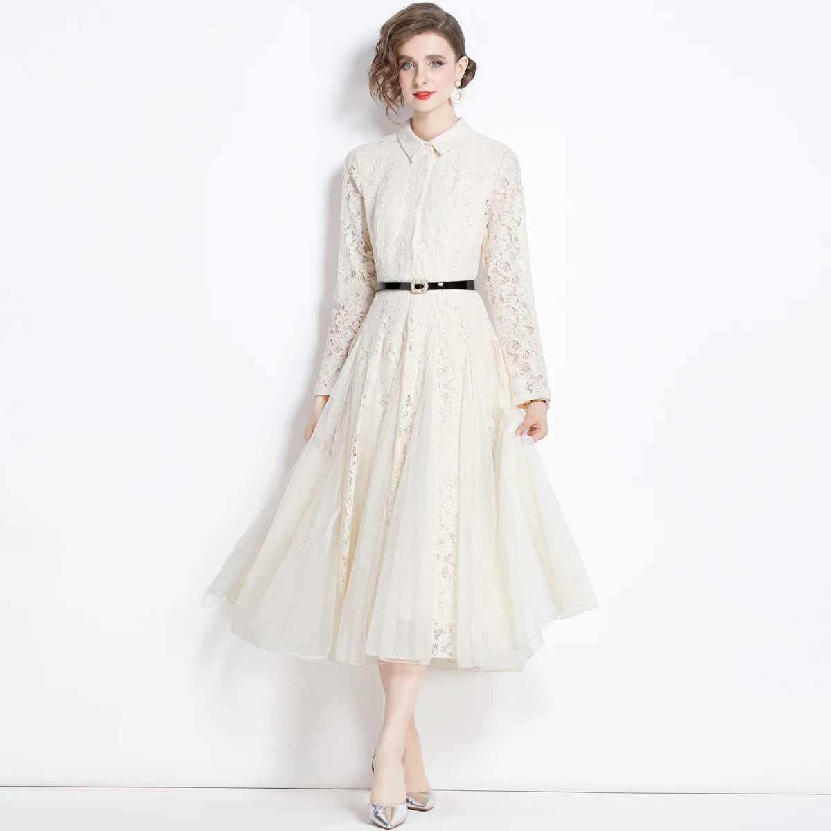 Sukienka damska na wiosnę i lato, z haftem kwiatowym, na wybieg, wieczorowa, na studniówkę, koronkowa, z kołnierzykiem, długim rękawem, paskiem, świąteczna, midi, długa, vestido.