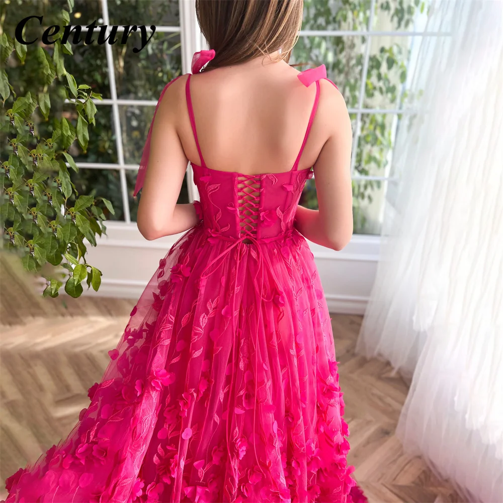 Até o chão Prom Vestidos com fenda Applique, Até o chão, Vestidos celebridades personalizadas, 3D Flores Fúcsia, Querida Century, Festa à noite