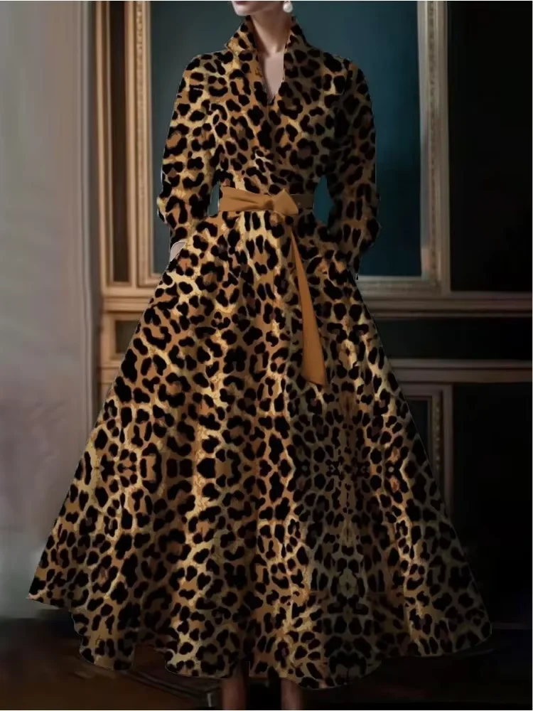 Abiti lunghi eleganti retrò Boho con motivo leopardato colletto alla coreana abito lungo a maniche lunghe abito da sera da sposa a trapezio Vestido