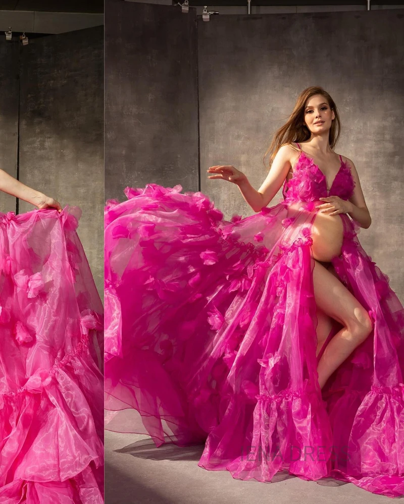 18135 # FashionableHot Pink Organza gaun bersalin bunga untuk pemotretan kehamilan seksi tali Spaghetti gaun bersalin depan terbuka