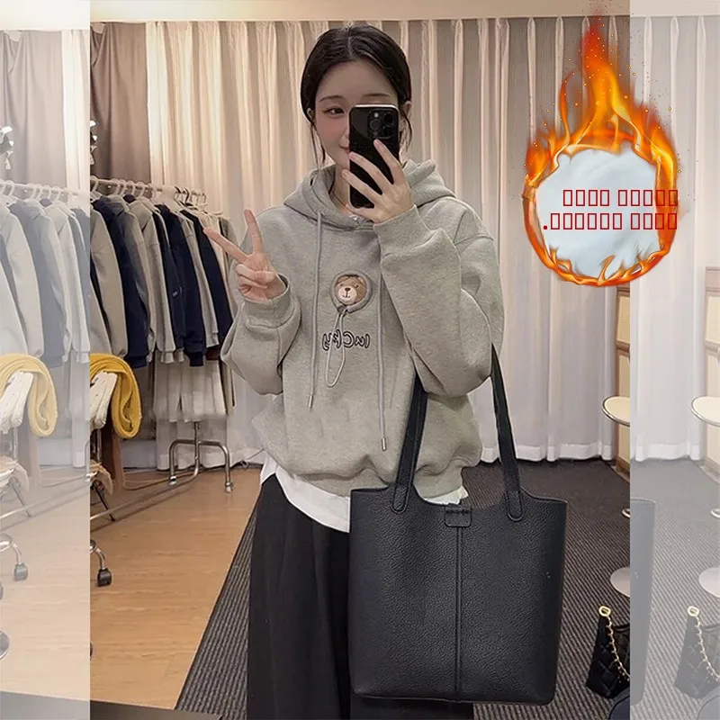 

Корейская универсальная женская толстовка свободного кроя с вышивкой, теплая, с капюшоном, удобная, с длинными рукавами, на зиму