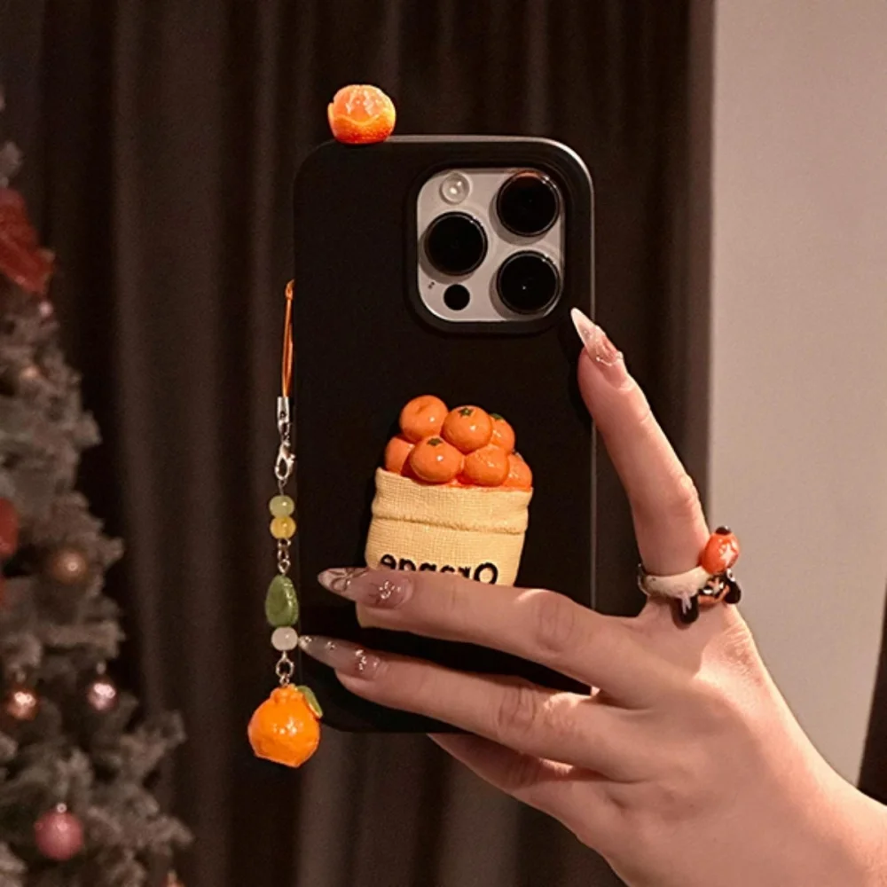 Creative Cute 3D Orange Cartoon Pendant Aesthetic Phone Case For iPhone 16 Pro Max 14 12 Pro 15 13 Soft Cover Stylish Girl Shell