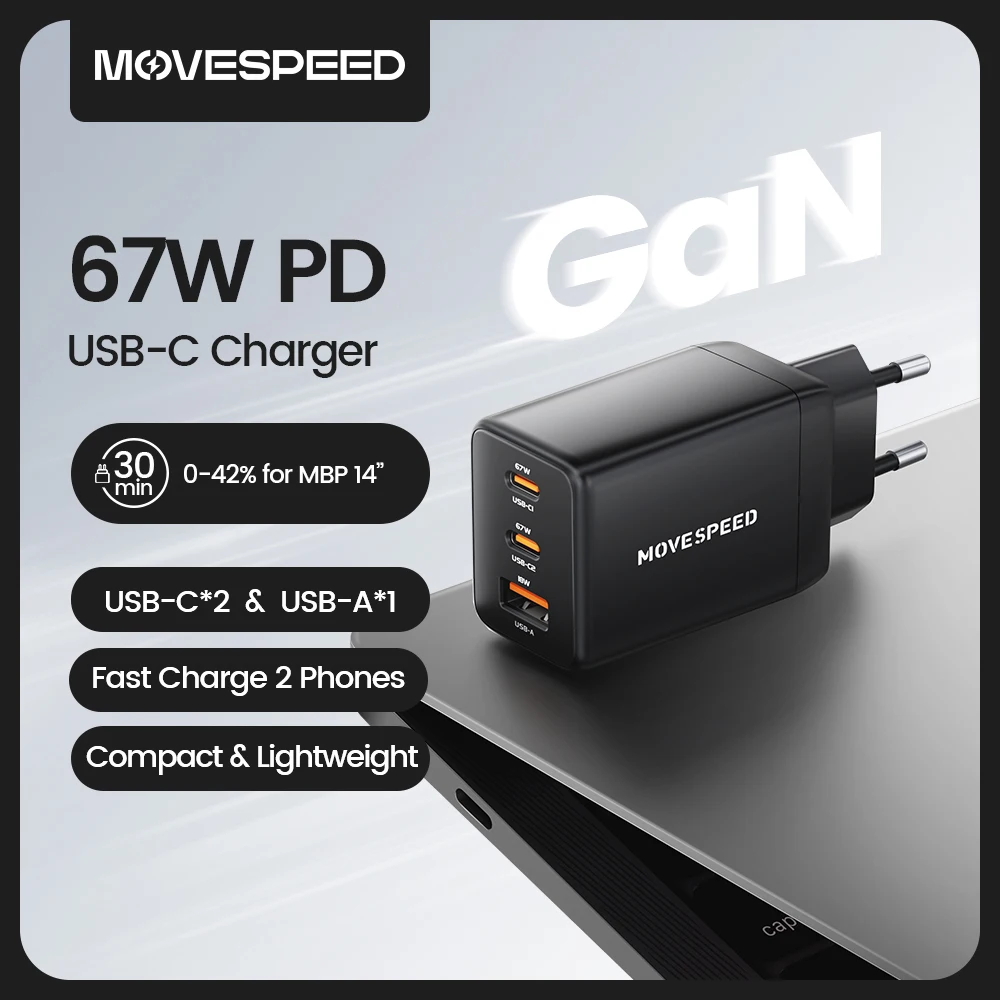 MOVESPEED 67W USB-C Charger Fast Charging 65W PD Type C PPS GaN Charger Adapter for iPhone 16 Pro MacBook Air Samsung S24 Huawei