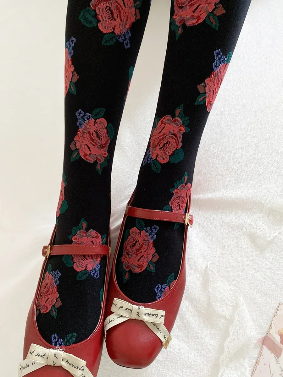 Beautiful Rose Print Tights Retro Pantyhose Black Burgundy Bottoming Stockings Autumn French Style Floral Aesthetics Vintage