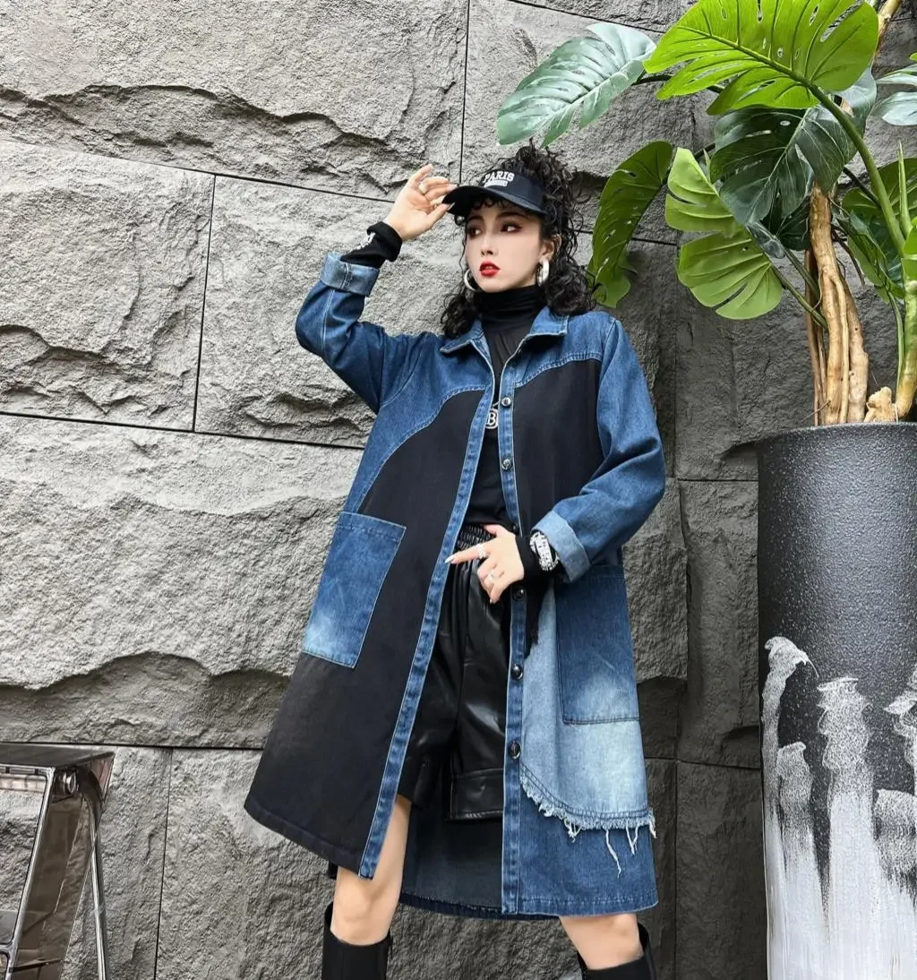 

Oversized Denim Autumn Midi Trench Coat Women Fringe Fashion Patchwork Pleated Ladies Windbreaks Casual Loose Woman Trench 2024